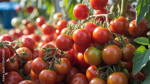 Fresh ripe red tomatoes hanging from vines in a lush green garden with vibrant leaves and stems, showcasing a bountiful harvest of juicy tomatoes.