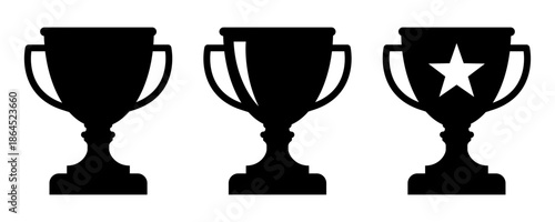 Trophy icon set. Trophy icons, cup, winner, victory, medal, award, first place, champion, hero, success, star, label, emblem, logo, badge, web. Vector illustration.