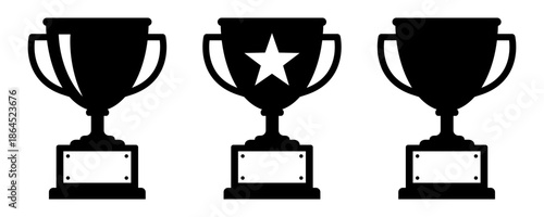 Trophy icon set. Trophy icons, cup, winner, victory, medal, award, first place, champion, hero, success, star, label, emblem, logo, badge, web. Vector illustration.