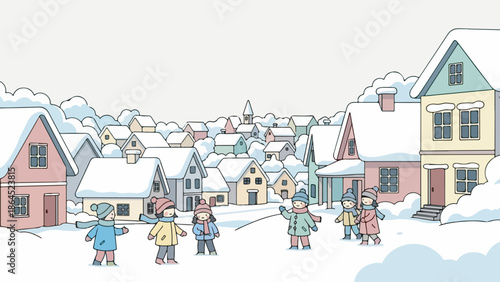 A delightful illustration of children playing in a snow-covered village with colorful houses.