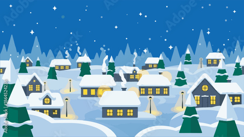 A charming winter village scene at night with snow-covered houses, glowing windows, pine trees, and falling snow under a dark blue sky.