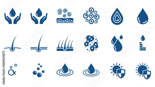 A set of minimalist icons representing skincare, hair care, and cosmetic benefits