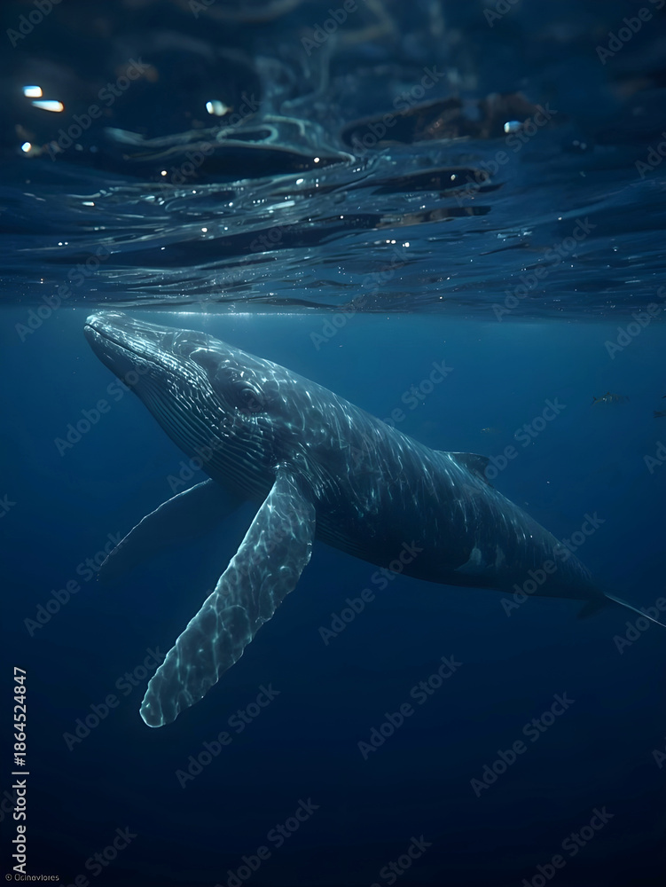 Fototapeta premium Humpback whale breaching underwater towards the bright surface light