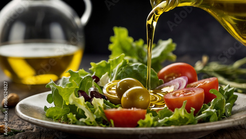 Pouring Extra Virgin Olive Oil on Fresh Green Salad with Cherry Tomatoes and Olives, Healthy Mediterranean Diet Concept