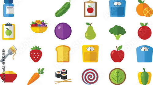Healthy lifestyle flat icon set, nutrition food, weight control, diet planning, fruits vegetables, wellness routine, colorful vector illustration
