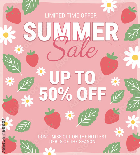Summer sale poster design, limited time offer banner, up to 50 percent off promotion, floral strawberry illustration background
