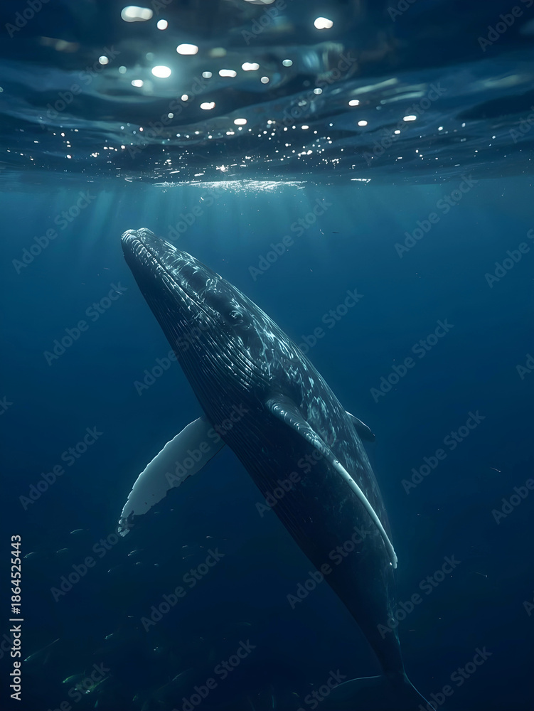 Fototapeta premium Majestic humpback whale swimming towards the ocean surface with light rays