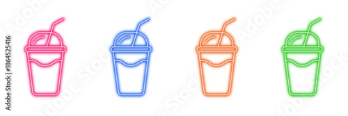 Neon glowing beverage cup vector icons set, drinks, cold, sweet, refreshing, takeaway, smoothie, milkshake, juice, cocktail, vibrant colorful digital design illustration on transparent background.