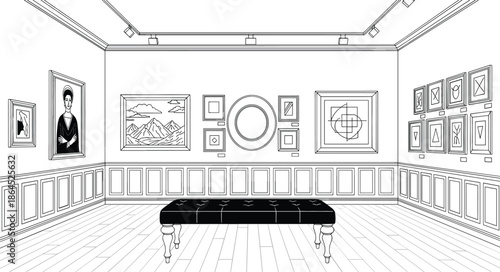 Modern art gallery interior with framed paintings portraits and minimalist sketches on walls for museum exhibition concept vector illustration