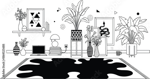 Modern home office interior with indoor plants laptop and abstract wall art in minimalist line art style for creative workspace concept