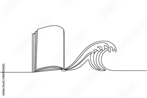 Continuous line drawing of open book with ocean wave splashing from pages vector