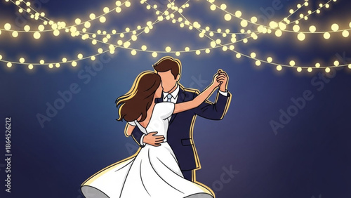 Romantic couple dancing under string lights at night, bride and groom embracing in a waltz