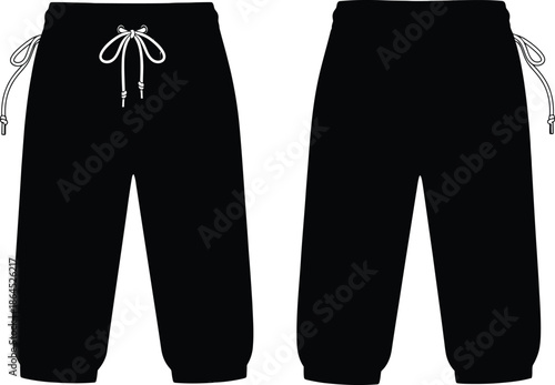 Black athletic sweatpants with drawstring waist and elastic cuffs shown in a flat lay technical illustration