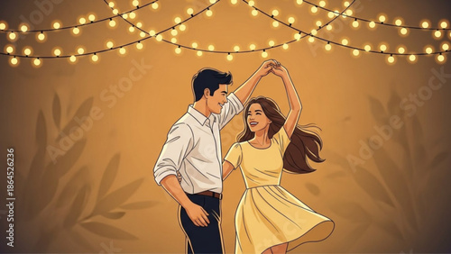 Couple dancing together under string lights in romantic evening atmosphere with warm lighting
