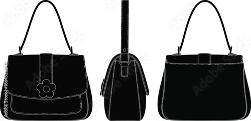 A minimalist black handbag design shown in three different views front side and back