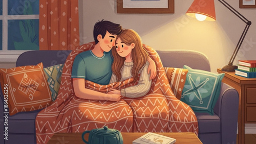 Cozy couple embracing on couch together under blanket in living room with lamp and coffee