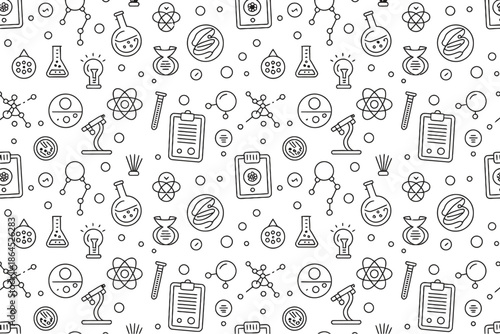 Black and white science lab pattern with microscopes and molecules