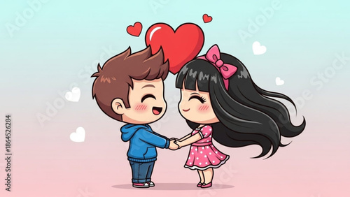 Cartoon couple holding hands with heart symbol above them, love and affection illustration