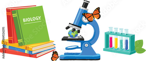 Biology science education concept vector illustration with microscope textbook test tubes butterflies and leaves for school laboratory learning