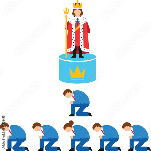 King on pedestal with crown and scepter leading subordinates bowing down flat vector illustration for hierarchy and authority concept
