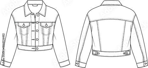 Technical illustration of a cropped denim jacket showcasing both front and back views in a line drawing style