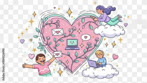 Children using laptops surrounded by heart shaped elements and floral decorations
