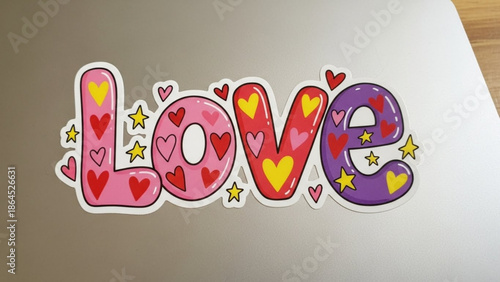 A colorful illustration of the word love with hearts and stars on a white background