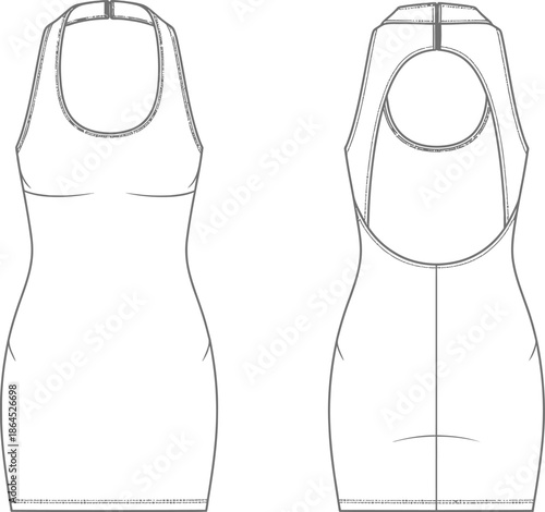 Technical illustration of a sleeveless bodycon dress design in front and back views
