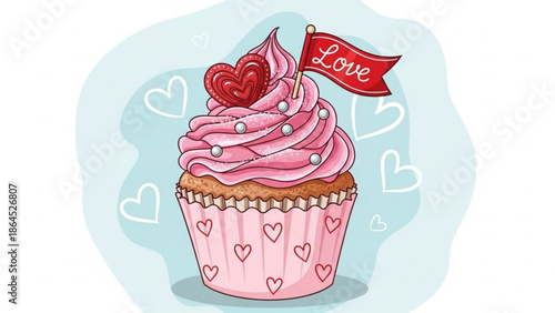 Pink cupcake with heart shaped cookie and love flag on pastel blue background with white