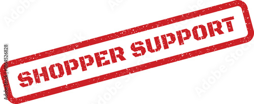 Red textured rubber stamp with Shopper Support in bold uppercase letters, denoting customer assistance