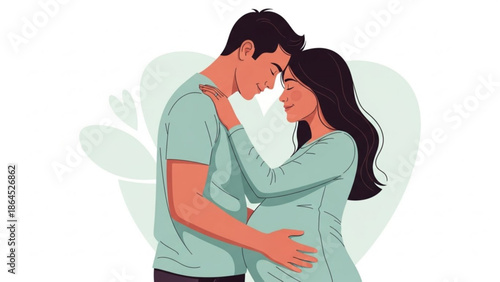 Couple embracing, man touching pregnant woman's belly, tender moment, love and care