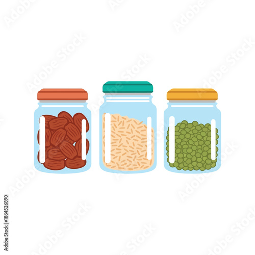 Ramadan food storage vector illustration with jars of dates, rice, and peas