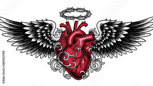 Anatomical heart with wings and crown of thorns illustration on white background