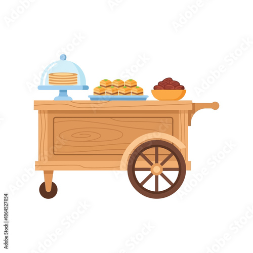 Ramadan food cart vector with traditional sweets and desserts on wooden trolley
