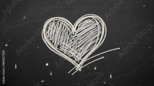 White chalk drawn heart on blackboard background with scratches and smudges, symbolizing love