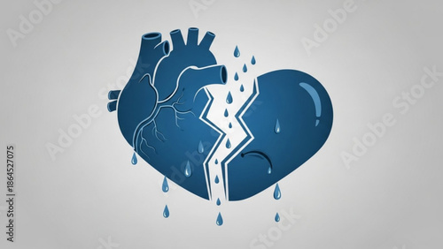 Broken human heart illustration with tears and cracked anatomy on gray background