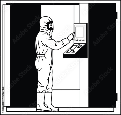 Minimalist black line art illustration of a technician in a protective hazmat suit operating a digital control panel interface