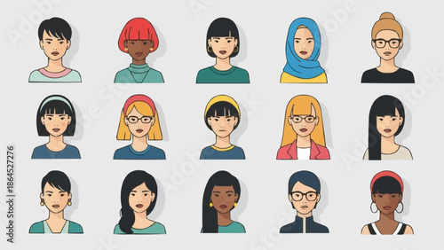 Diverse Collection of Womens Avatar Portraits with Varied Hairstyles and Accessories.