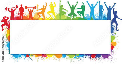 Vibrant rainbow colored frame featuring silhouettes of people exercising jumping and dancing with artistic paint splatters and white space