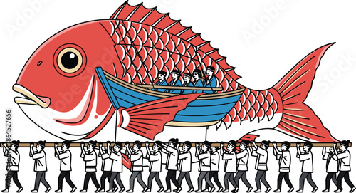 Flat style vector illustration of a team of people carrying a giant red fish float during a Japanese festival
