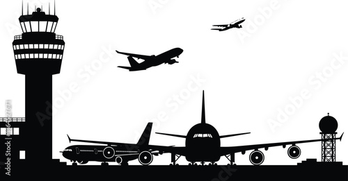 Airport terminal silhouette vector illustration with control tower and passenger airplanes taking off, commercial aviation hub for travel and international flight transport, isolated.