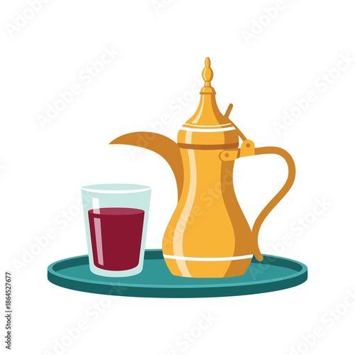 Ramadan vector illustration of Arabic coffee pot and glass on tray for festive design