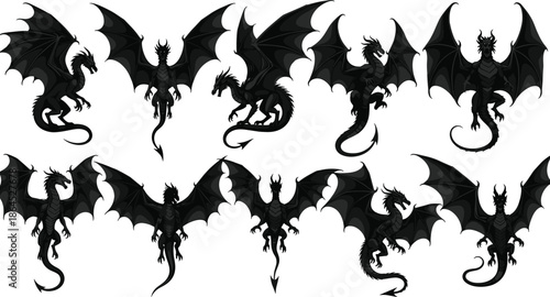 Black dragon silhouette vector illustration set, mythical flying creatures with large wings and tails for fantasy gaming, tattoos, and medieval folklore 