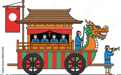 Flat style vector illustration of a traditional Japanese festival float with a dragon head musicians and red banners