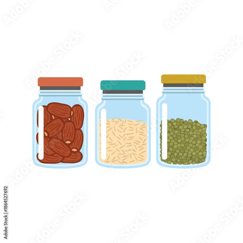 Ramadan food jars vector illustration with dates rice and beans in glass containers