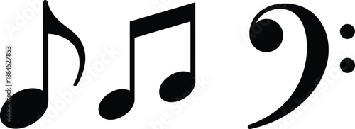 Black musical notes and bass clef silhouette vector illustration set, elegant music symbols for song composition, artistic sound design, and creative audio branding.