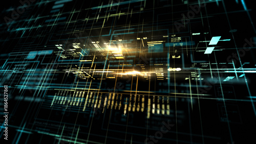 A high-tech digital grid with glowing data streams, abstract connections, and futuristic interface elements representing network systems, cybersecurity, and advanced technology.