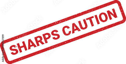Textured red grunge stamp vector displaying SHARPS CAUTION for medical safety warnings