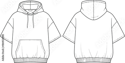 Technical illustration of a blank white oversized short sleeve hoodie with a kangaroo pocket design