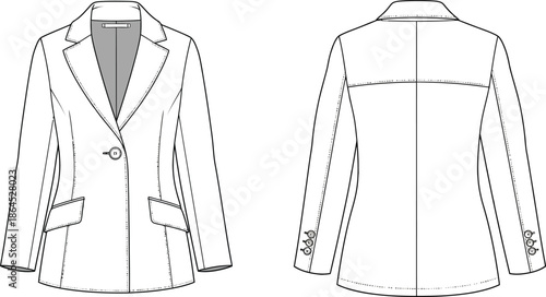 Technical flat sketch illustration of a classic women s blazer front and back views displayed
